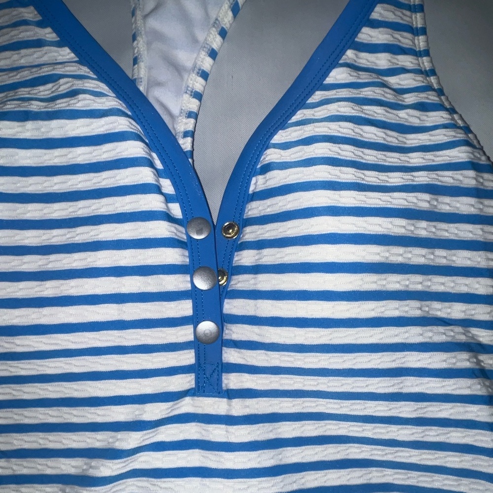 Beach House Striped Racer Back Button Front Tankini Top Blue And White Small 8 - Picture 3 of 6